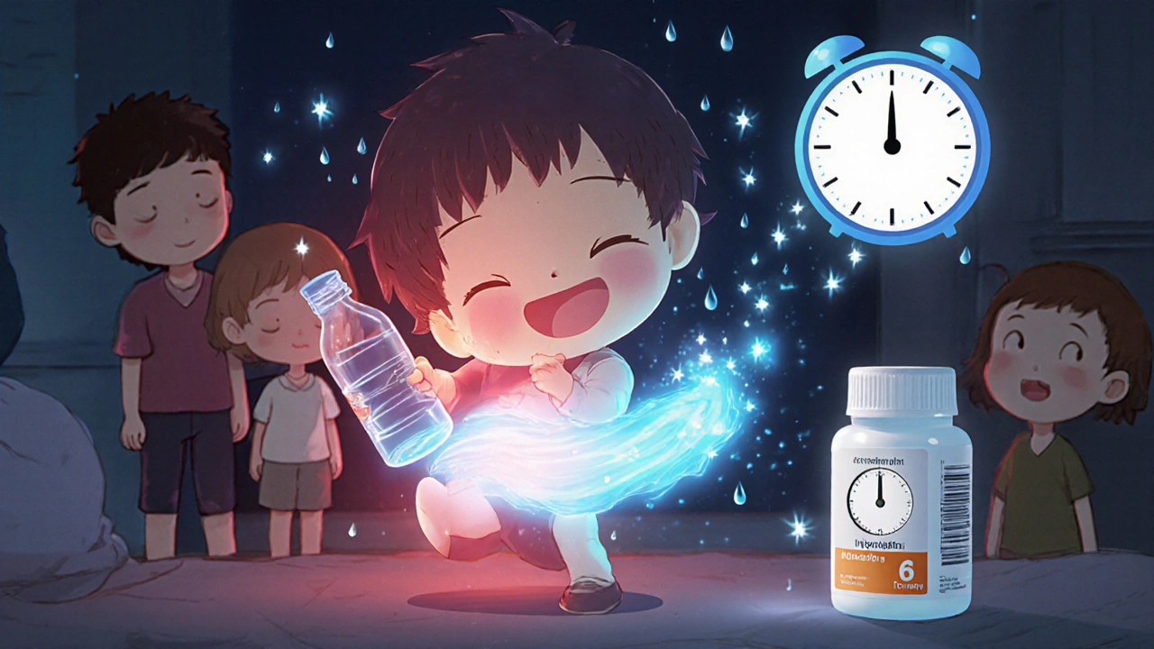 Child smiling as ibuprofen reduces fever, with a glowing blue wave of relief and a water bottle nearby.