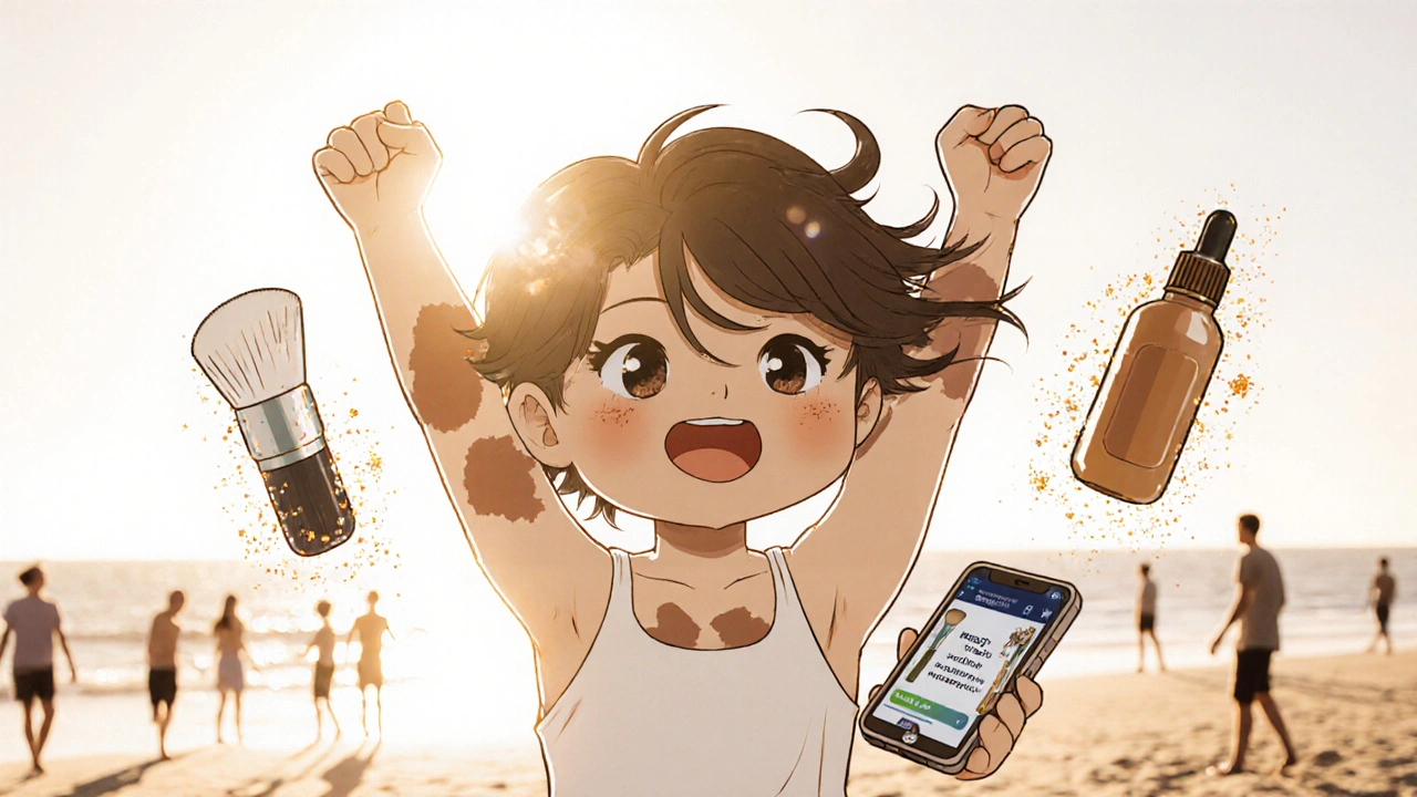 Confident person at the beach in a tank top with perfectly camouflaged vitiligo, smiling in sunlight.