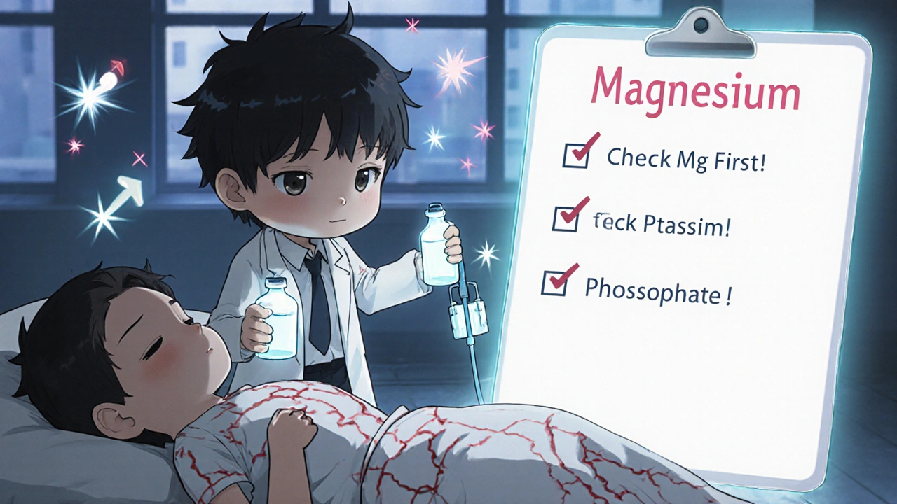 Doctor holding magnesium and potassium vials beside a patient with warning lines, animated protocol checklist in background.