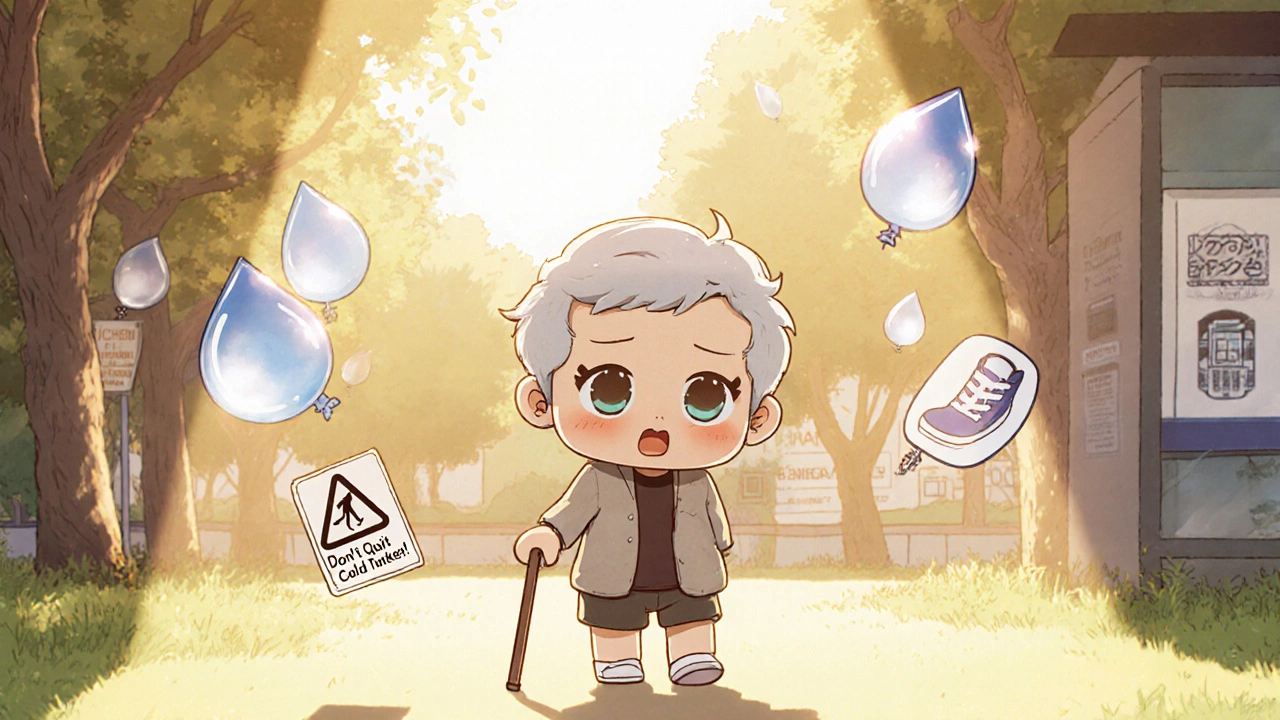 Elderly chibi person walking in park with water, shoe, and moon icons nearby.