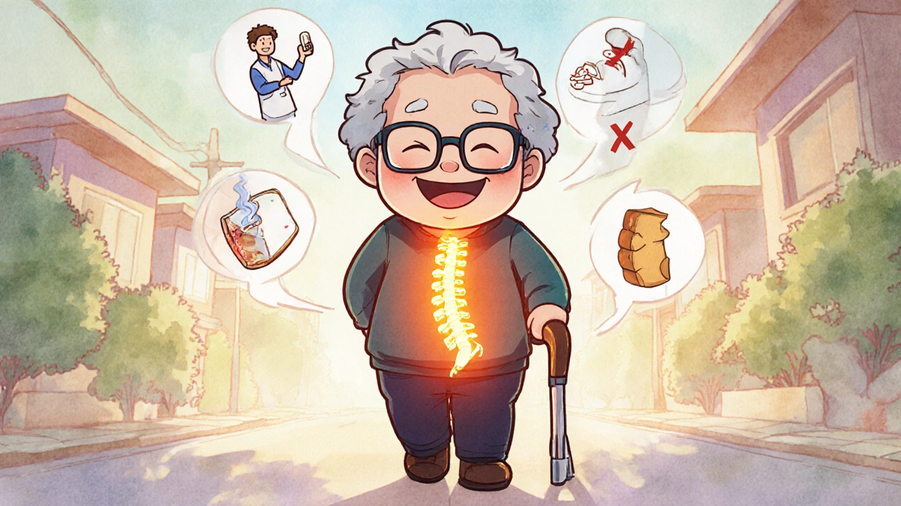 Elderly person walking with cane, golden fused spine, healthy lifestyle icons in chibi anime style.