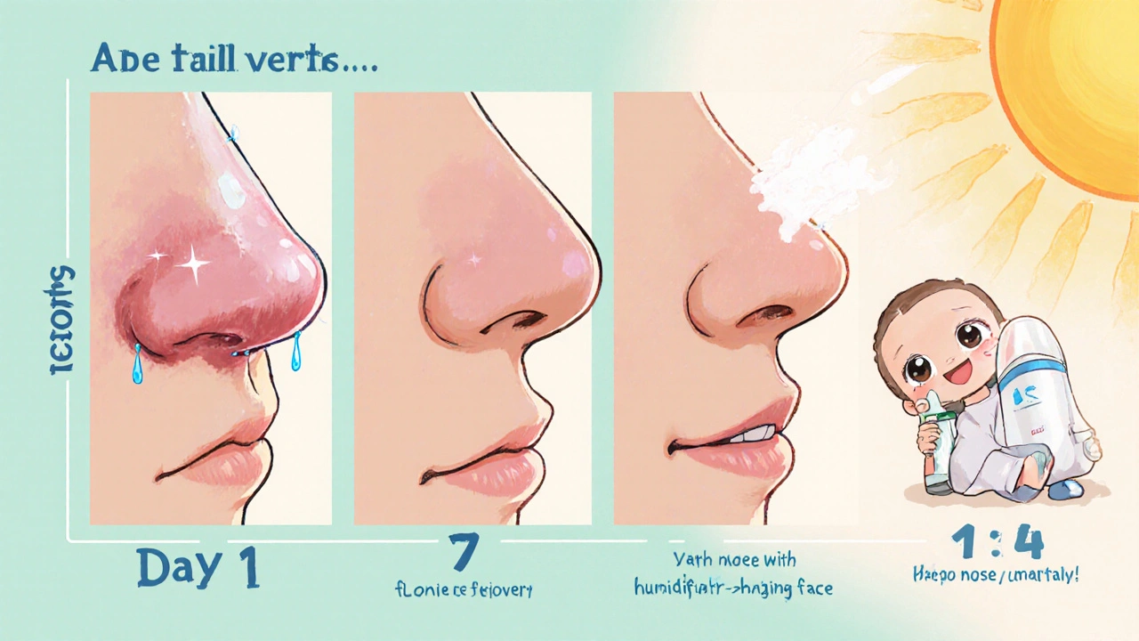 Four-panel chibi timeline showing nose shrinking from day 1 to day 14 with Flonase and steam.