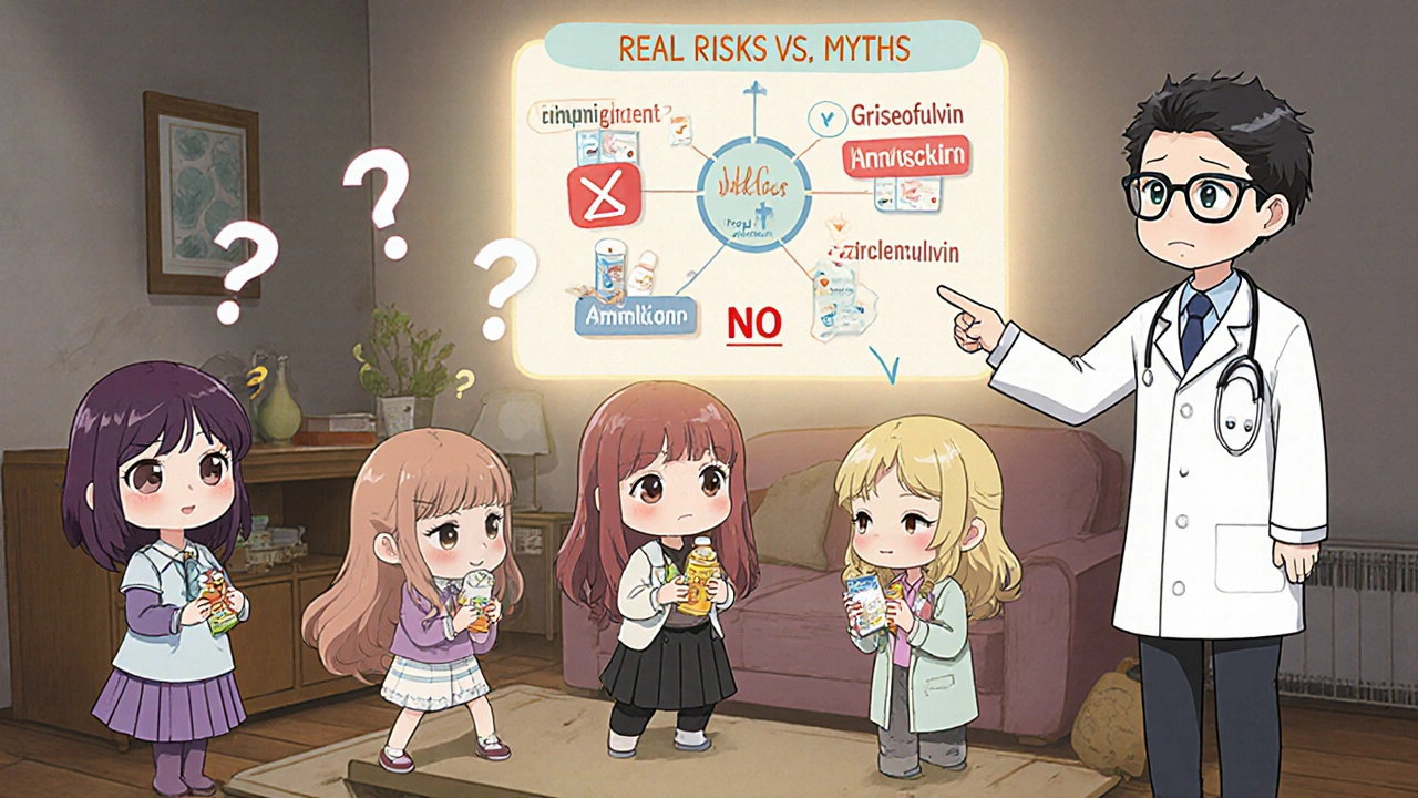 Group of chibi women confused by medications, doctor pointing to risk flowchart.