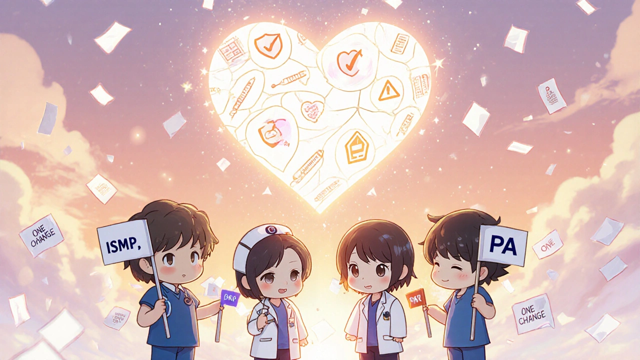 Healthcare team standing together with safety organization flags, a glowing heart above them.