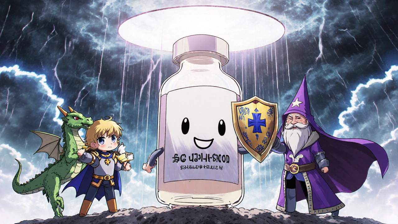 Heroic state figures protecting a giant insulin vial from rising drug prices under a ,000 cap shield.