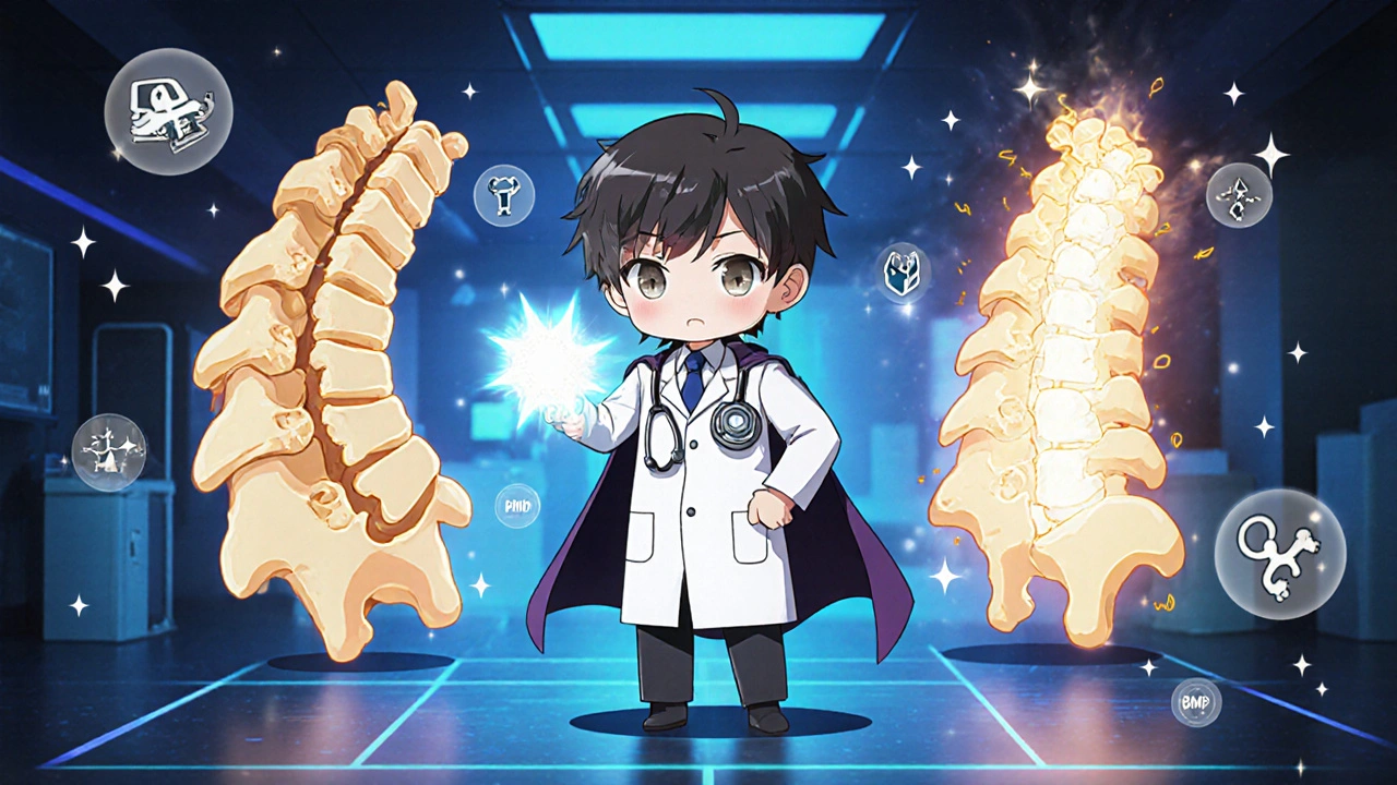 Heroic surgeon holding fusion spacer, glowing vertebrae and medical tech in vibrant anime chibi style.