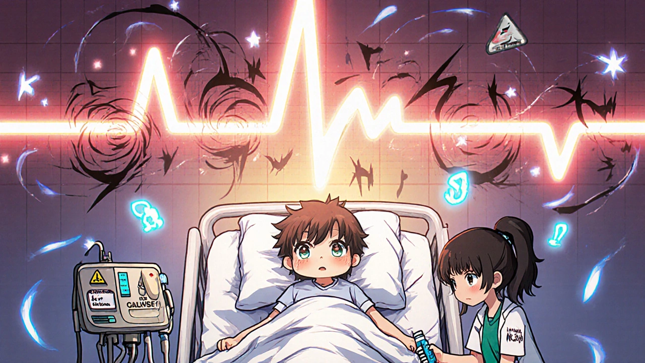 ICU patient with giant ECG T-wave and calcium shield deflecting potassium spikes, nurse administering treatment.