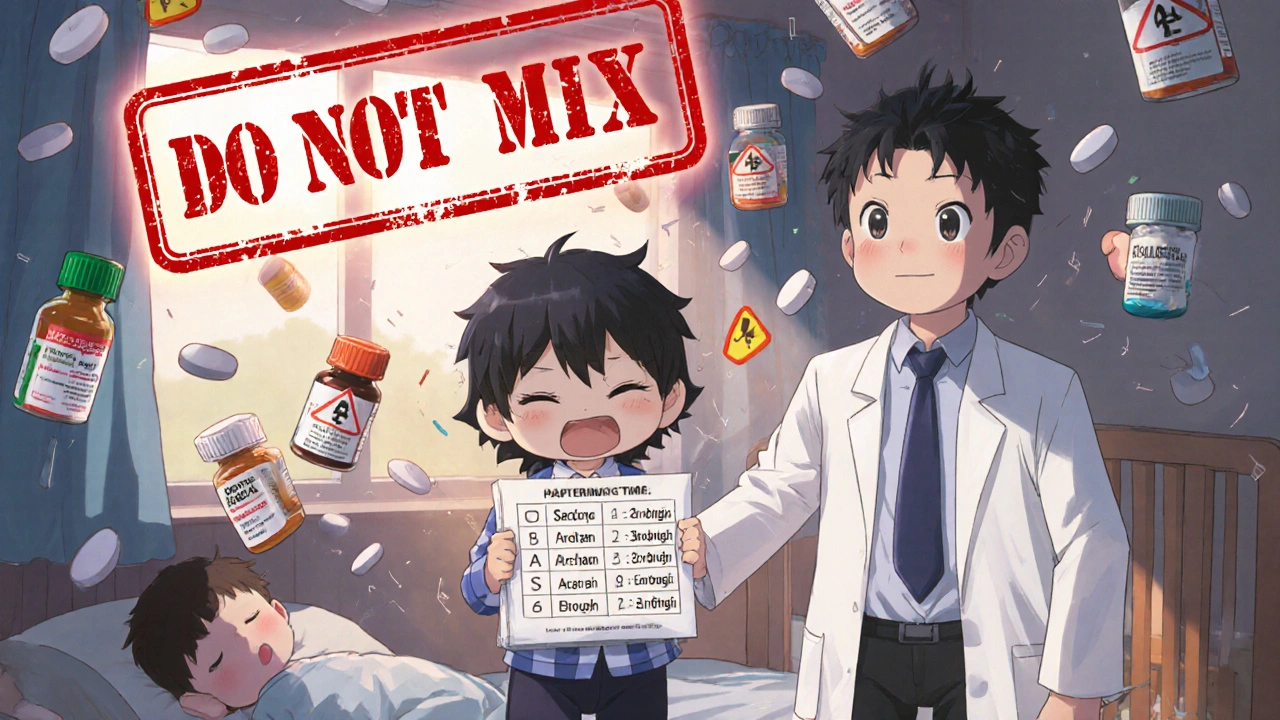 Parent overwhelmed by alternating medicine chart while a pediatrician offers calm guidance.