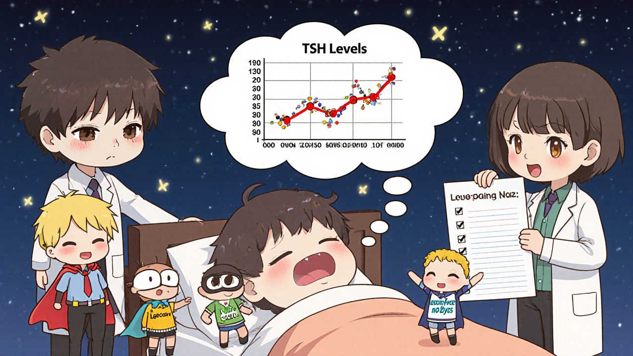 Patient with a thought bubble showing TSH levels spiking, surrounded by chibi pills with different labels.