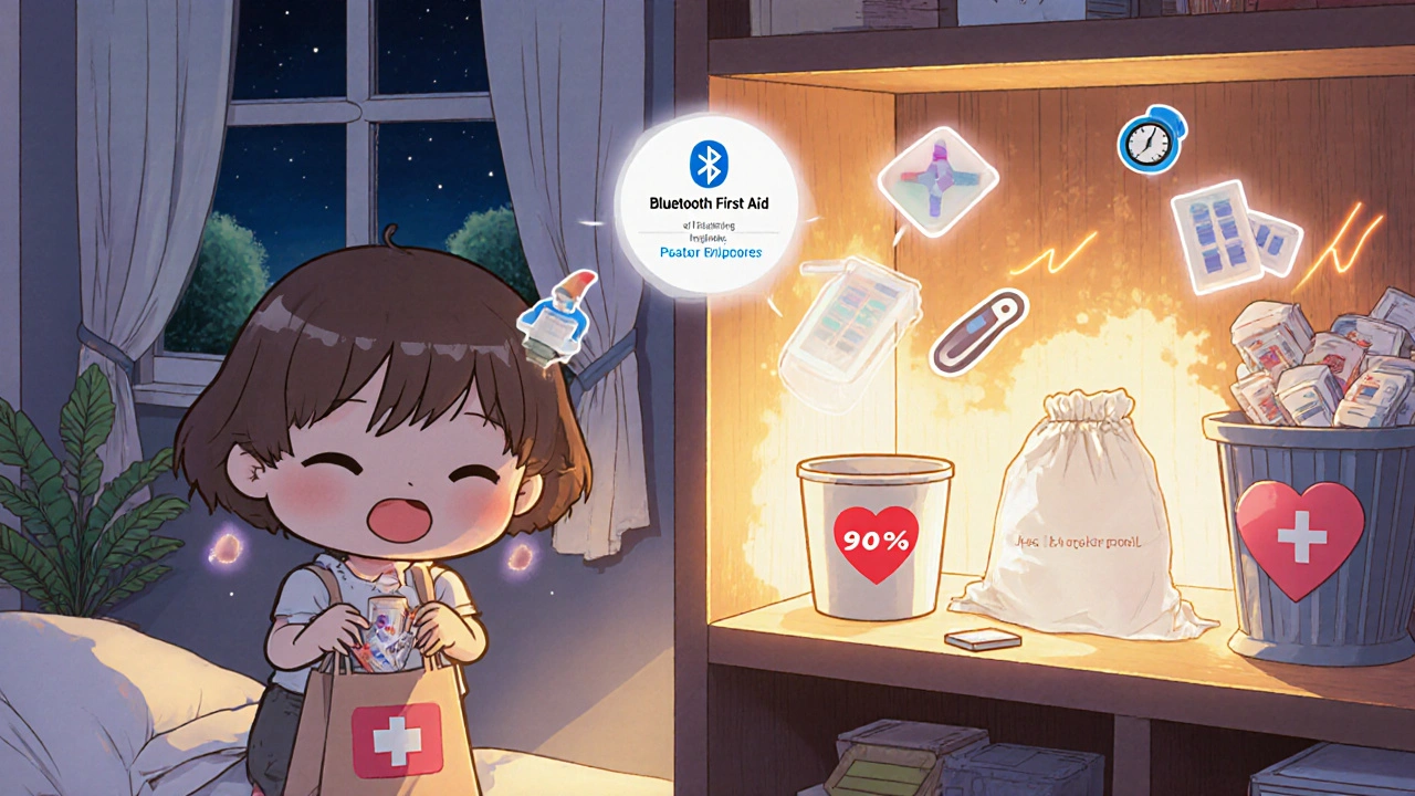 Person replacing expired meds with new ones as a smart kit glows with a notification