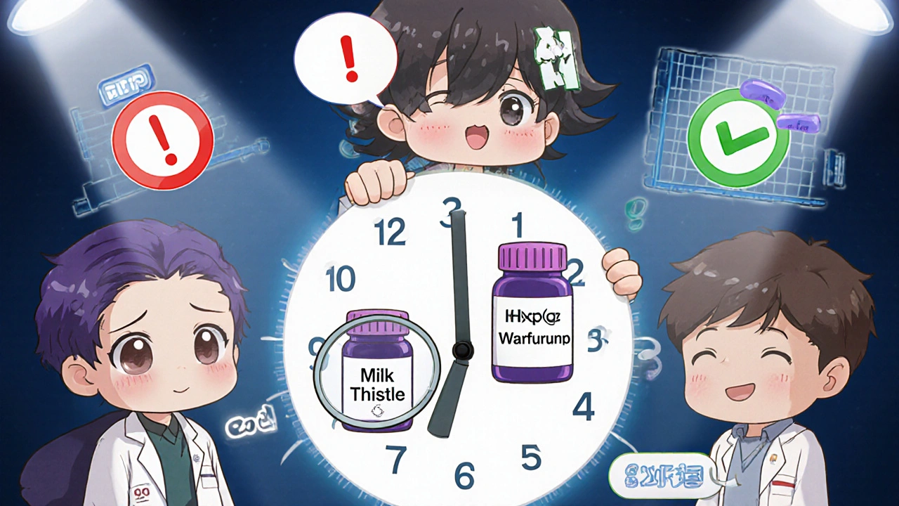 Pharmacist examining milk thistle and warfarin vials with a day-by-day enzyme graph above