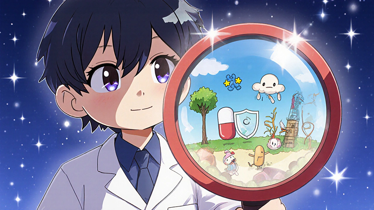 Pharmacist using a magnifying glass to reveal microscopic pill ingredients in a playful chibi world.