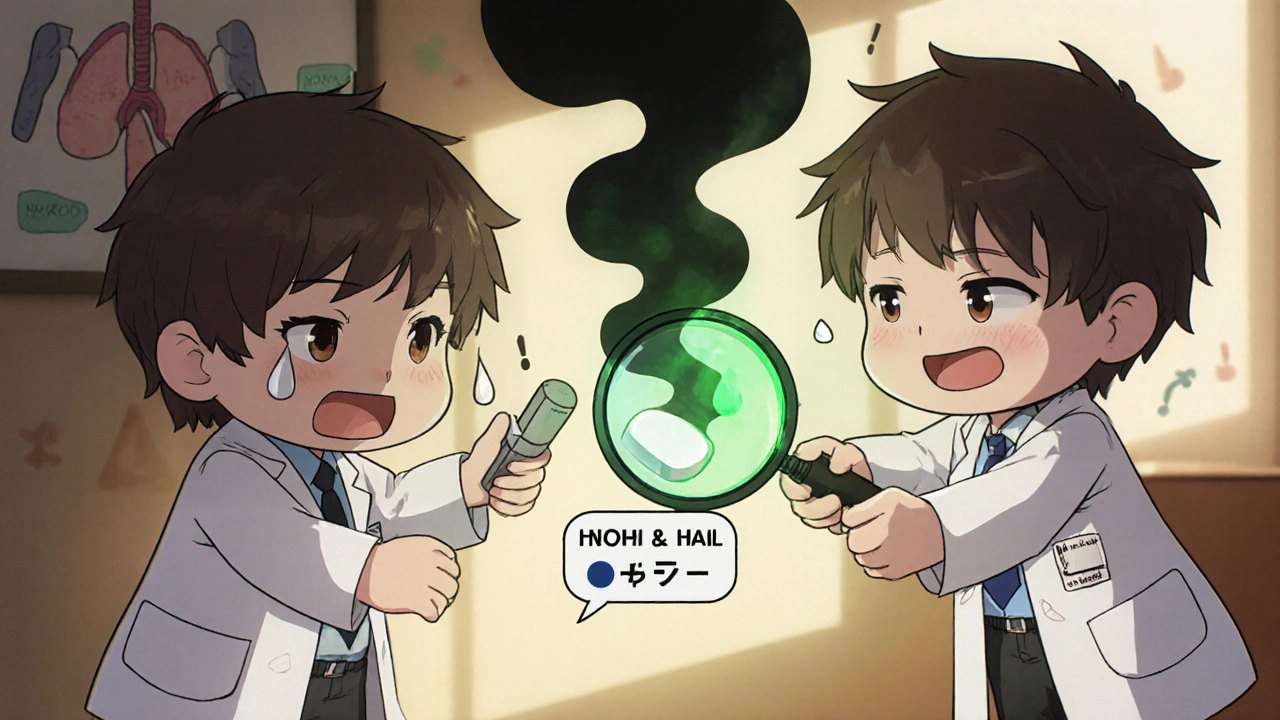 Pharmacists examining split levothyroxine tablet with uneven glow