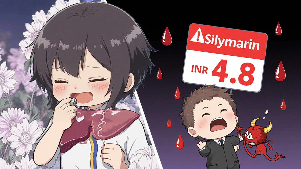 Split scene: happy liver vs. panicked patient with INR warning and blood droplets