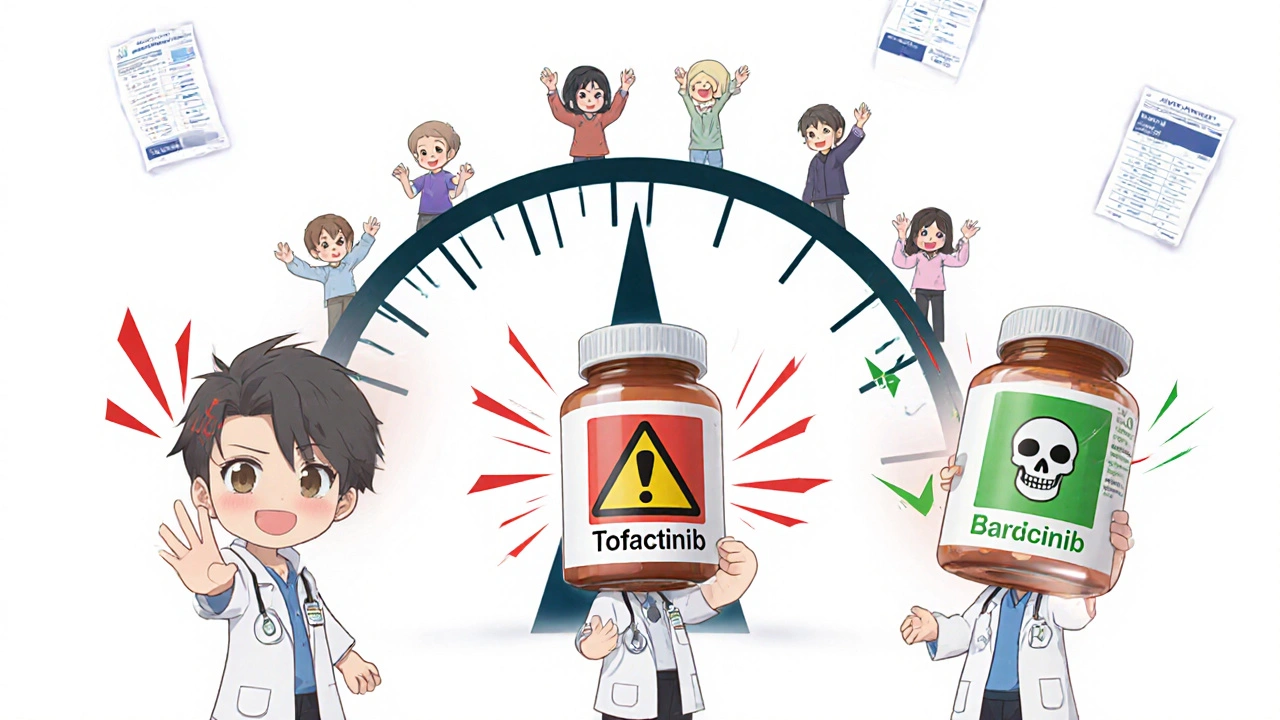 Three chibi doctors comparing JAK inhibitor pills, one with warning sparks, another safer, scale tipping to safety.