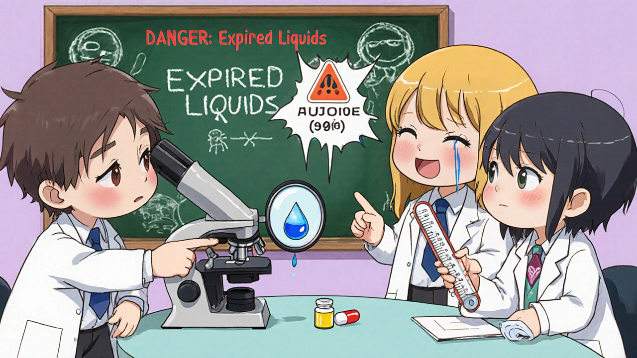 Tiny scientists examining expired eye drops under a microscope with warning signs