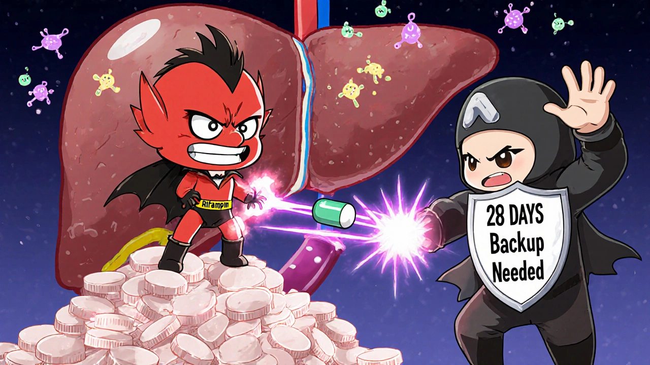 Tiny villain Rifampin attacking a birth control pill, CDC hero blocking the beam.