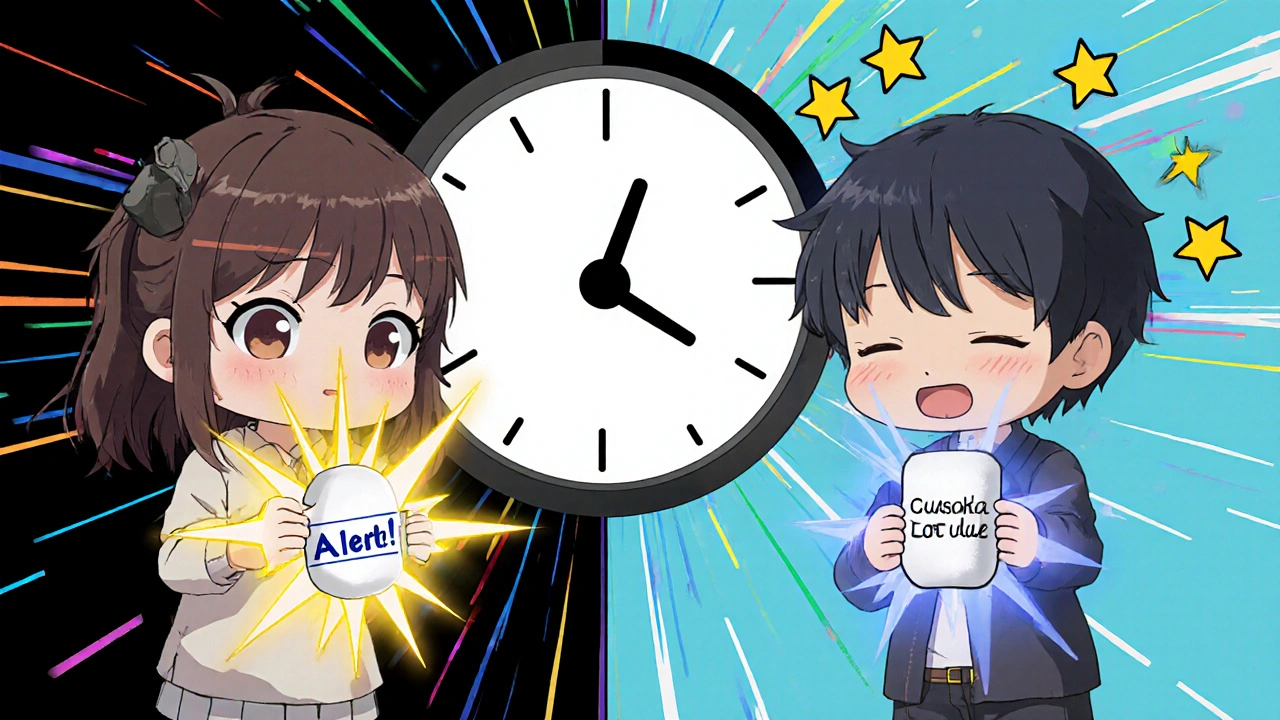 Two chibi figures comparing fexofenadine and cetirizine, one alert and one drowsy, with timing symbols.