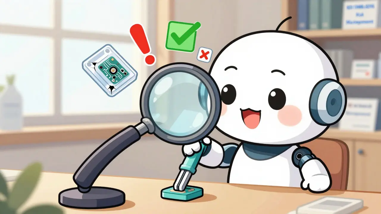 A chibi robot arm inspects a surgical stapler with floating risk and compliance icons.