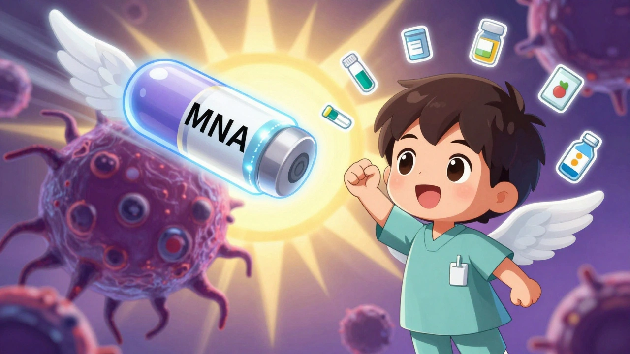 A glowing mRNA vaccine flies toward a melanoma monster as a patient stands bravely.