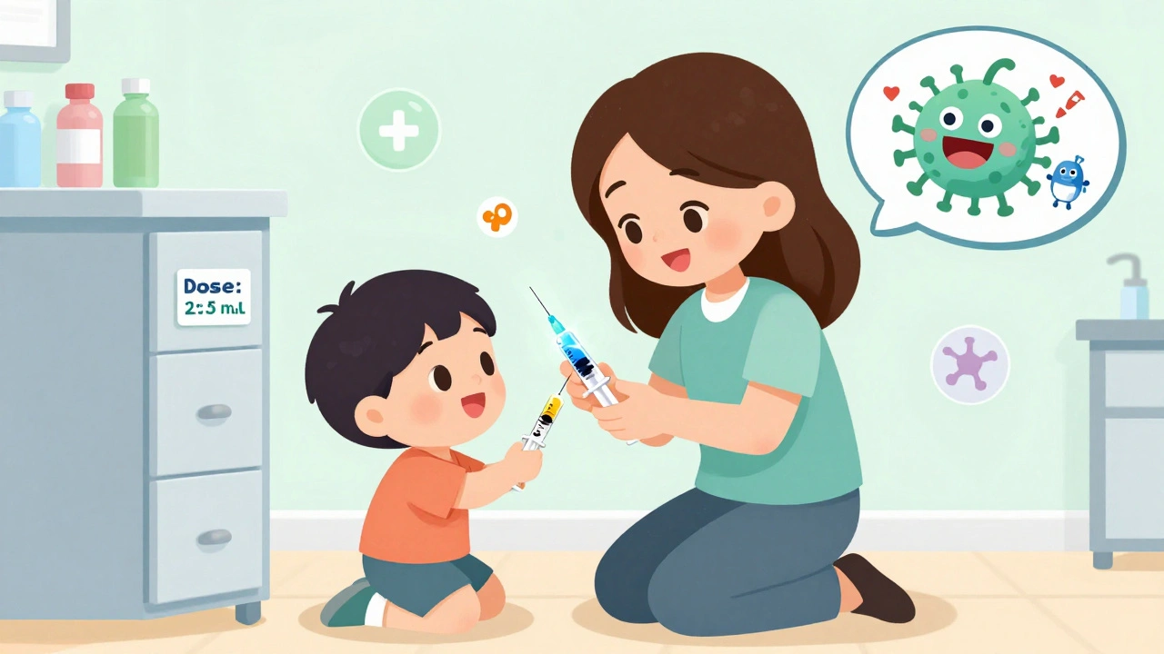 A parent and child with a glowing dosing syringe, surrounded by cartoon medicine superheroes defeating bacteria.