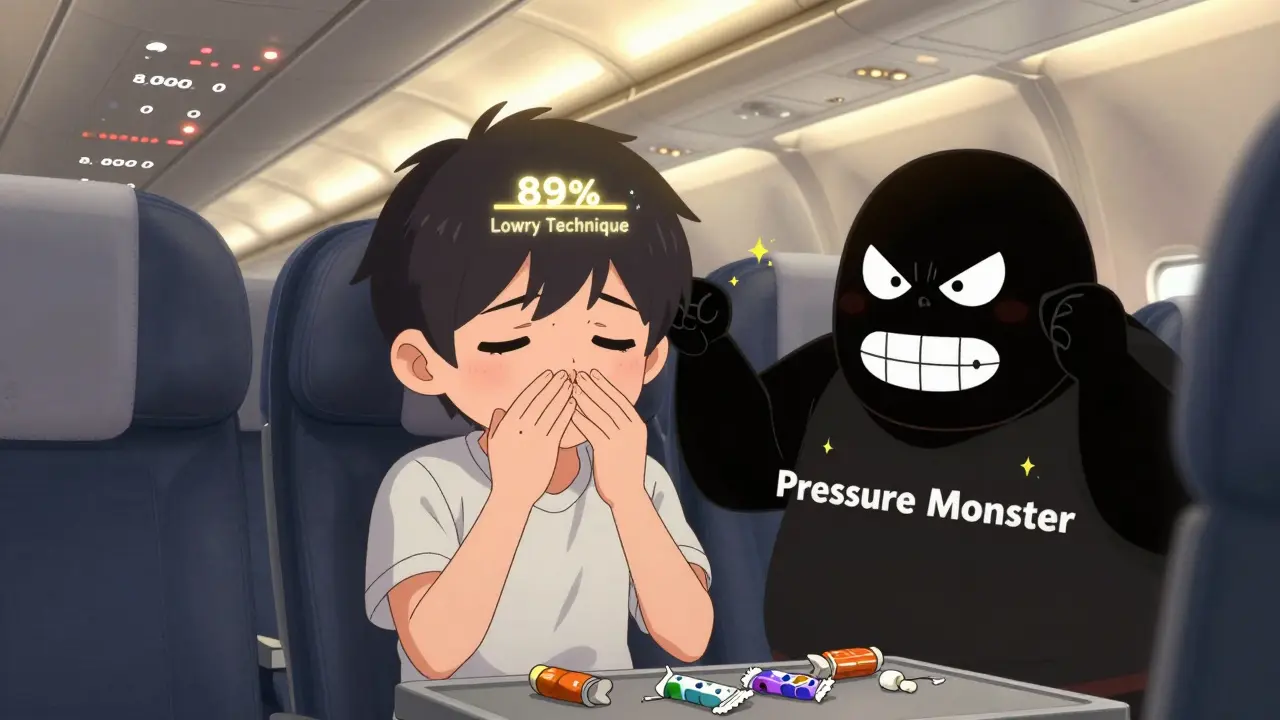 Adult using Lowry technique to equalize ear pressure with success meter above