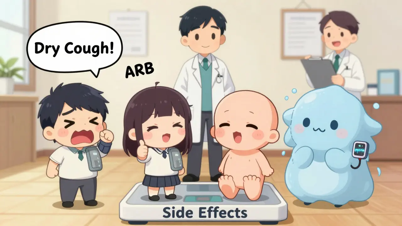 Chibi characters representing different blood pressure medications with exaggerated side effects.
