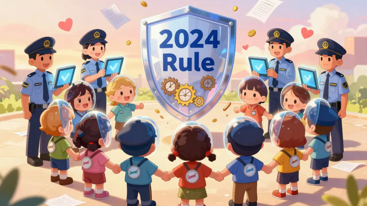 Chibi children covered by a shield labeled '2024 Rule' as workers use tablets to auto-enroll them.