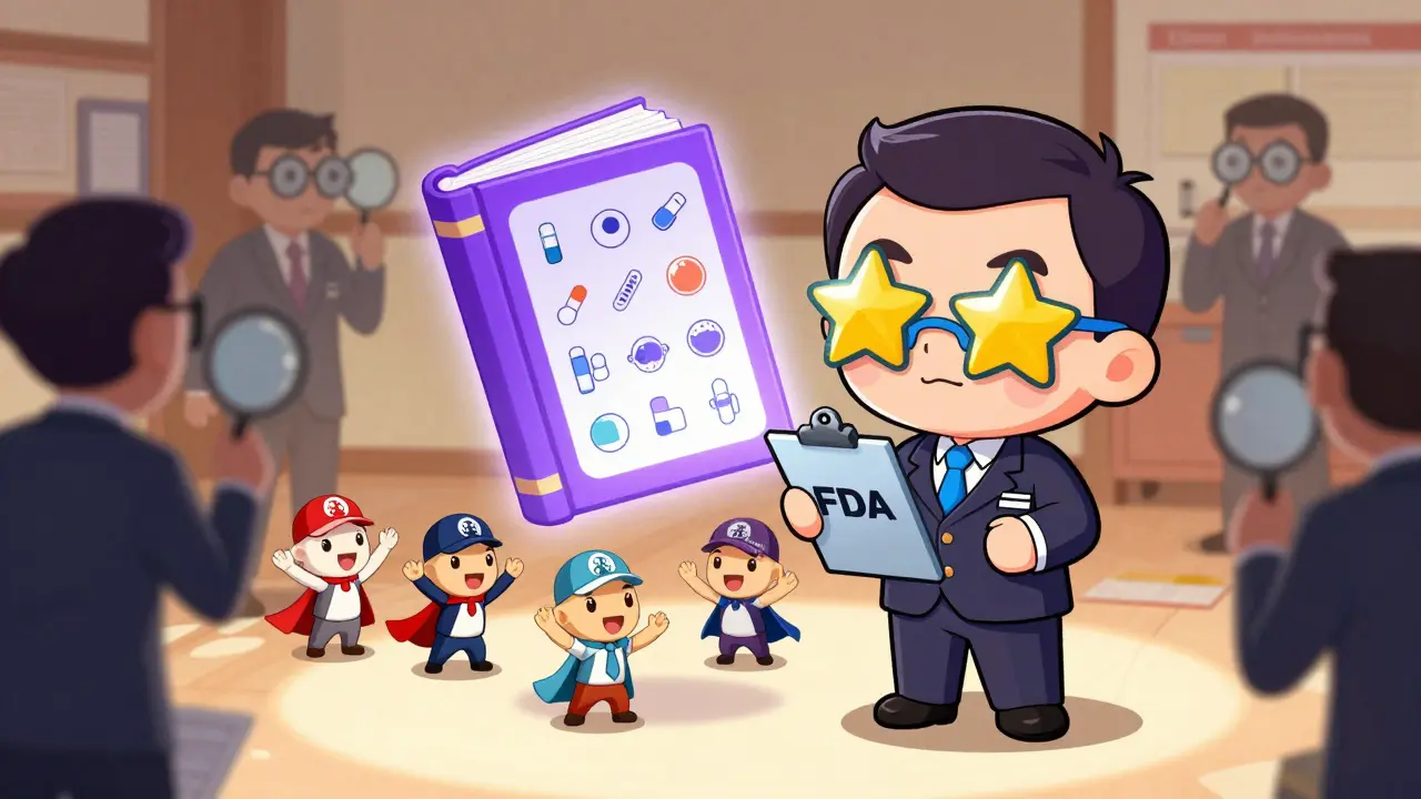 Chibi FDA reviewer beside the Purple Book showing approved biosimilars and interchangeable icons.