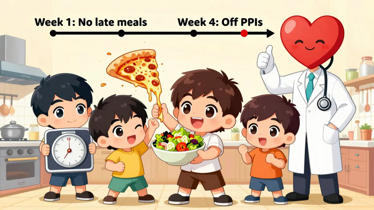 Chibi group in kitchen celebrating weight loss and healthy eating, doctor giving thumbs-up.