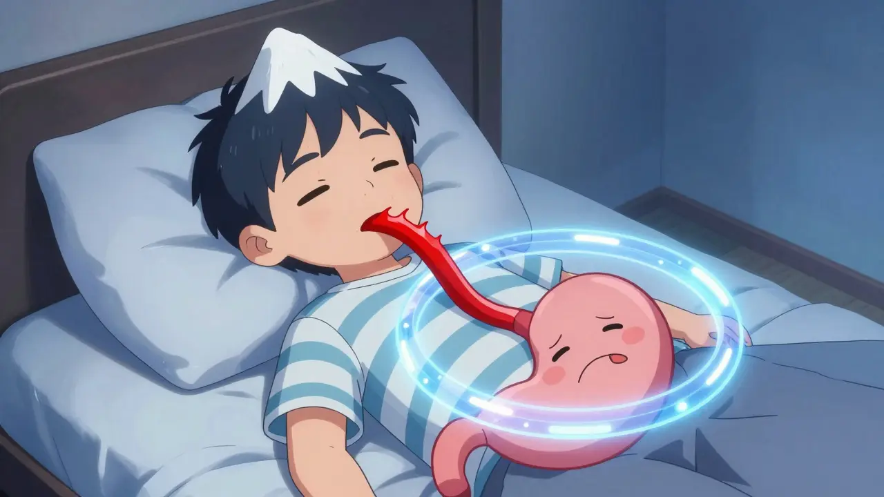 Chibi man sleeping on elevated wedge pillow with magnetic ring blocking acid wave, night scene.