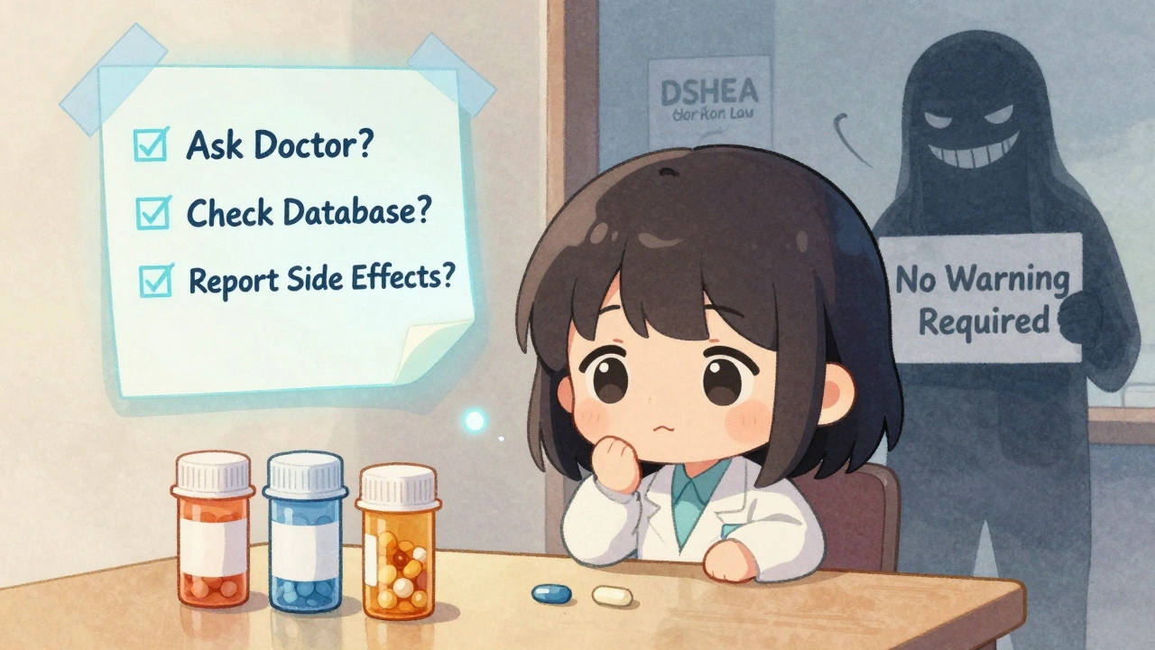 Chibi patient making list of supplements beside prescriptions with glowing safety checklist.
