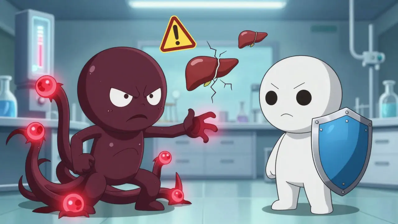 Cimetidine attacking voriconazole with enzyme-blocking tentacles, famotidine protecting.