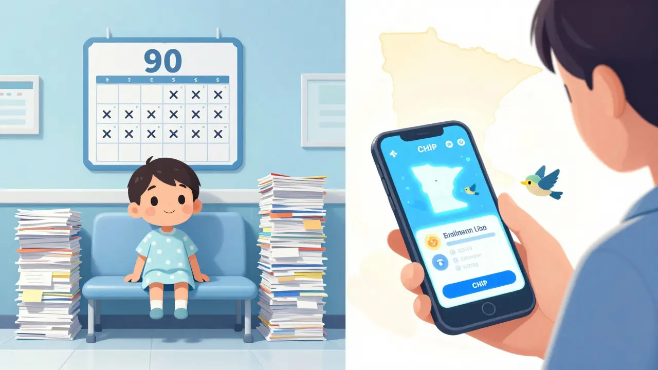 Contrasting scenes: child waiting days vs. seamless digital CHIP enrollment with Minnesota icon.