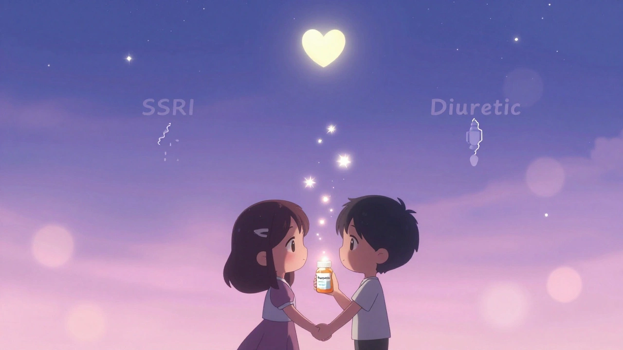 Couple under starry sky with healing meds glowing, broken pills sinking below as intimacy returns.