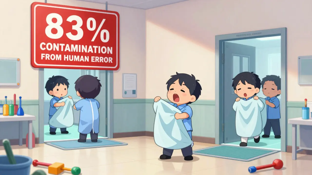 Cute workers struggling with gowning and color-coded tools.