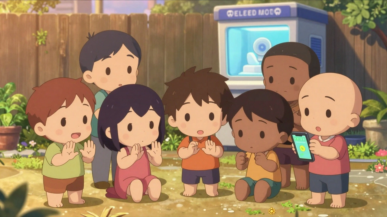 Diverse chibi friends examining skin spots on palms, soles, and scalp under warm light.