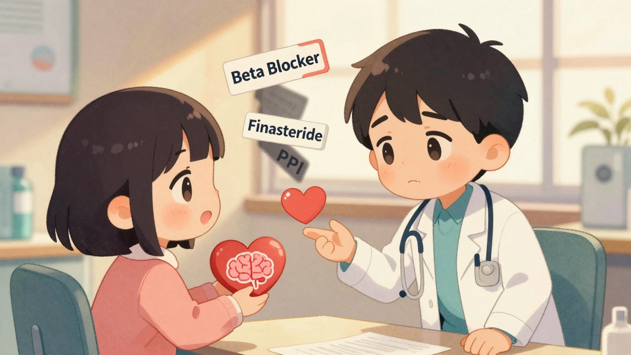 Doctor and patient in clinic with medication icons casting shadows over a heart, expressing concern.