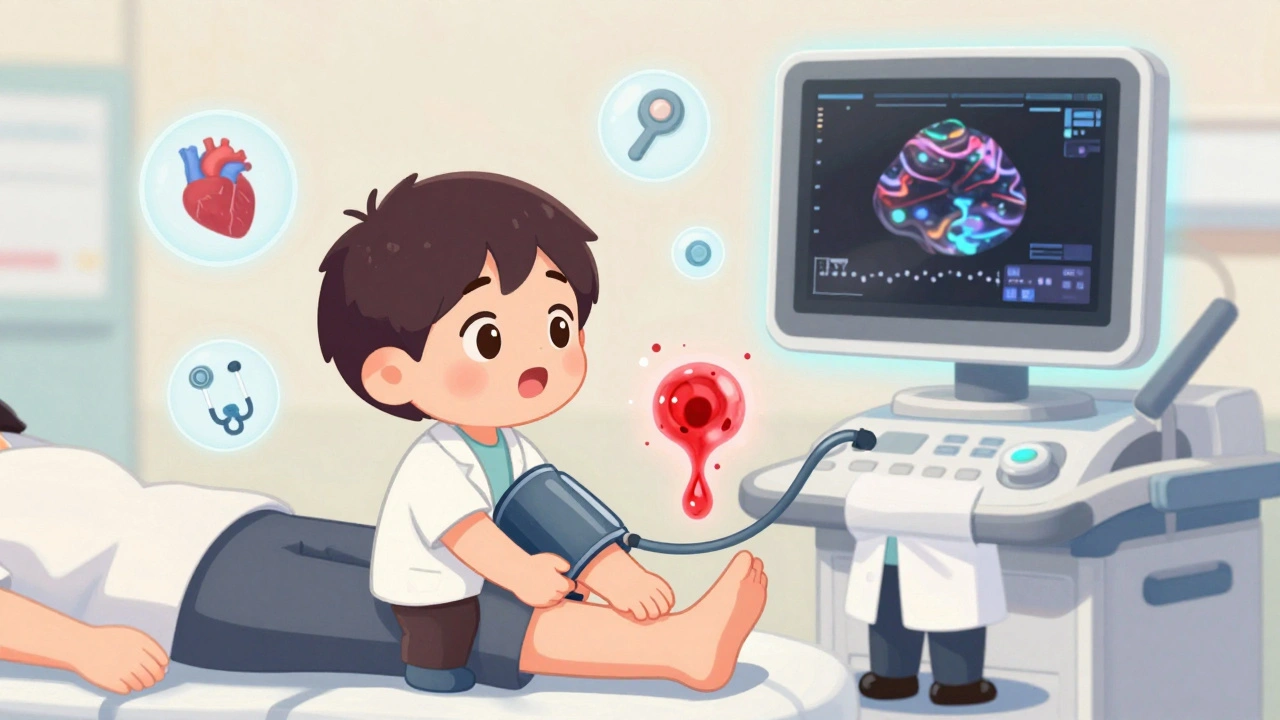 Doctor measuring ankle blood pressure with floating ultrasound display.