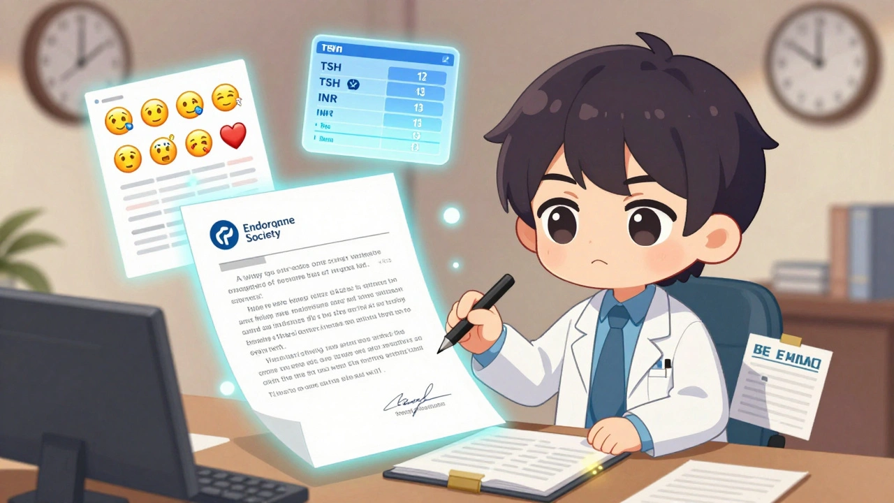 Doctor writing appeal letter surrounded by glowing lab results and medical guidelines.