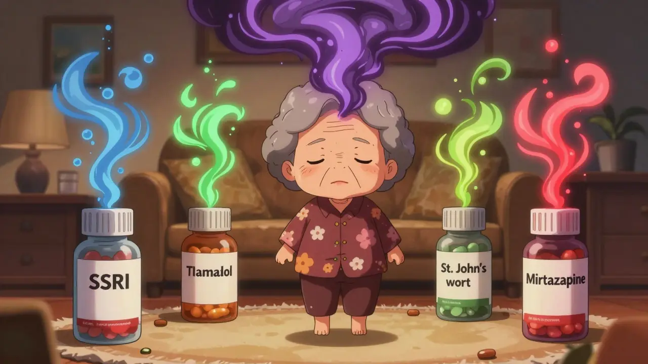Elderly woman surrounded by multiple pill bottles with serotonin waves rising above her.