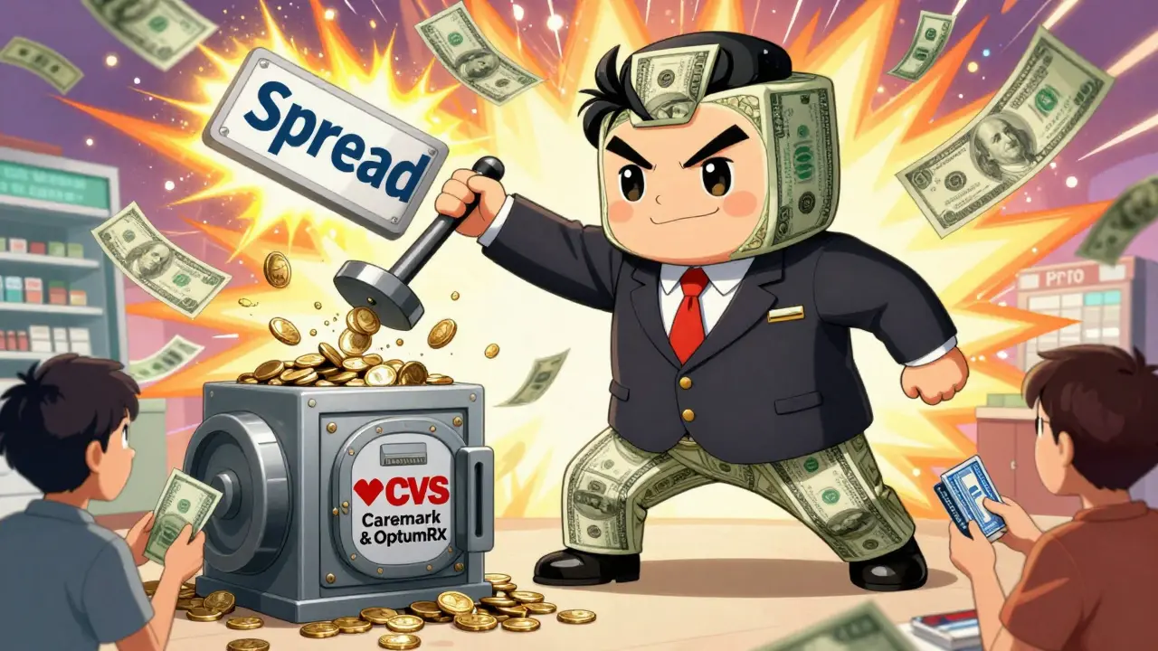 Giant PBM executive draining money from a small pharmacy using a spread lever.