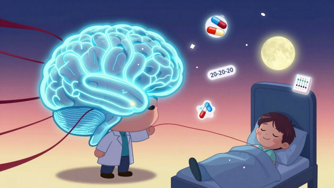 Glowing brain healing as tension fades, with CBT and sleep symbols in a dreamy anime scene.