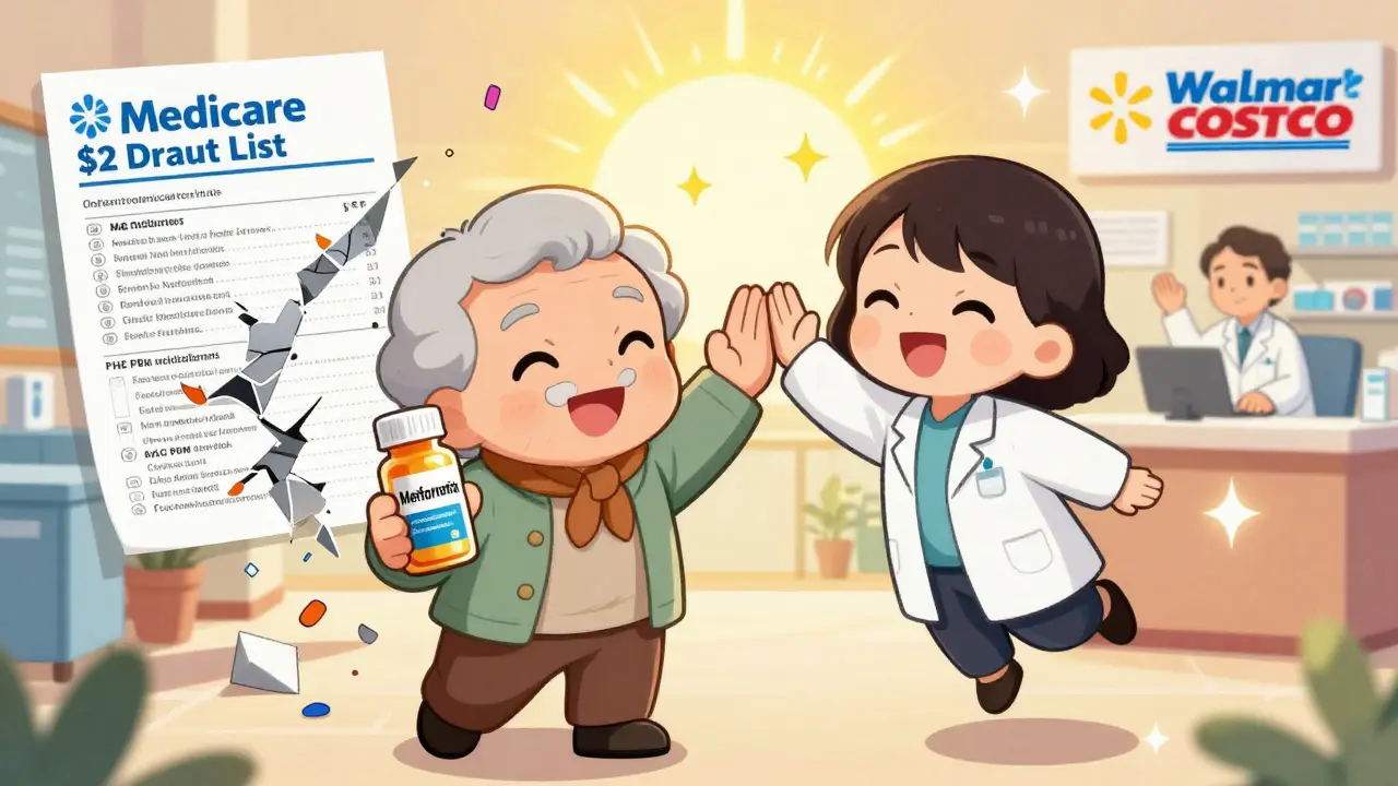 Happy patient receives  generic drug under Medicare's new flat-price program.