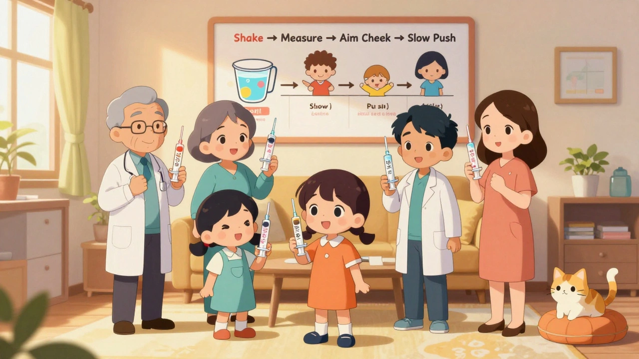 Multiple caregivers holding labeled oral syringes, standing beside a step-by-step dosing chart on the wall.