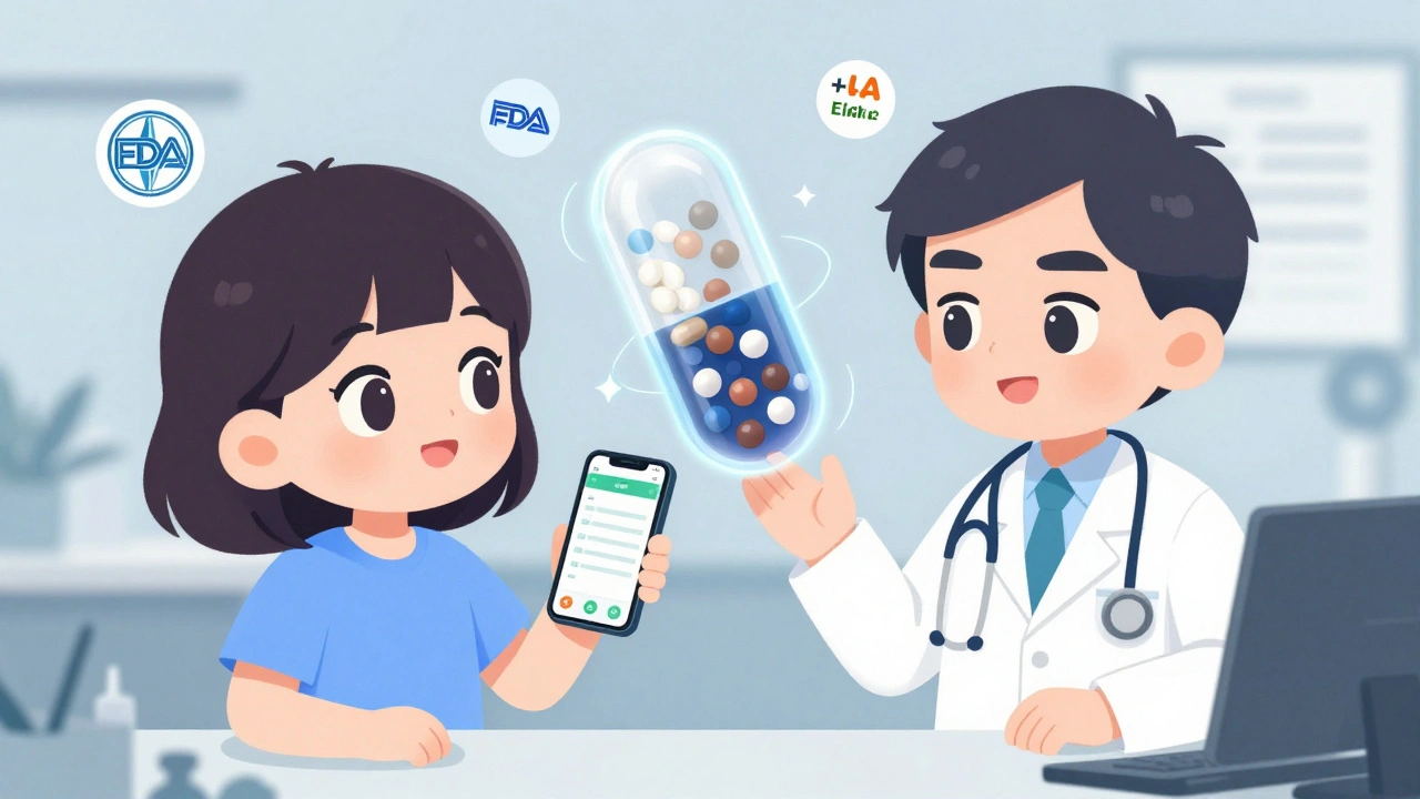 Patient and doctor discussing medication changes with a transparent pill showing internal differences