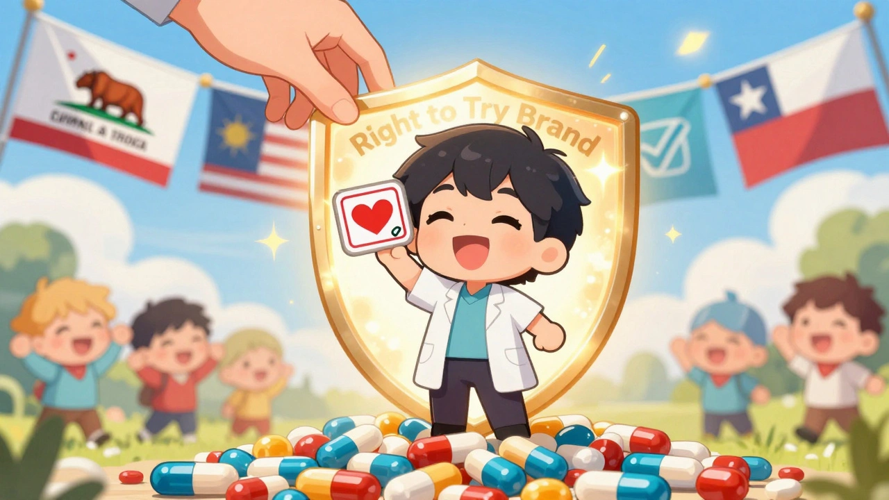 Patient celebrating approval with heart-shaped stamp, standing on rejected generics.