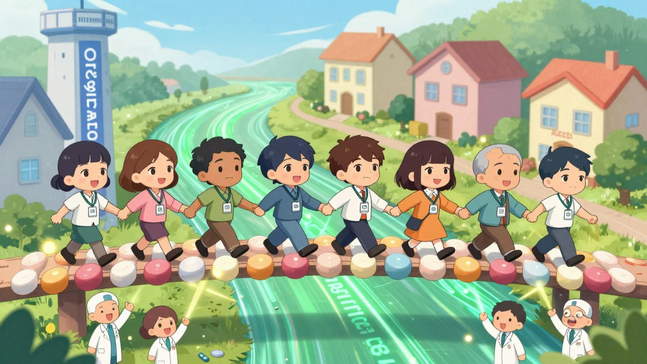 Patients walking across a biosimilar bridge from high-cost tower to affordable village, with pharmacists cheering below.