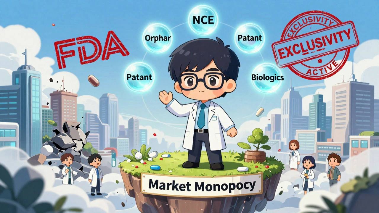 Pharma executive juggling multiple exclusivity orbs on a monopoly island.