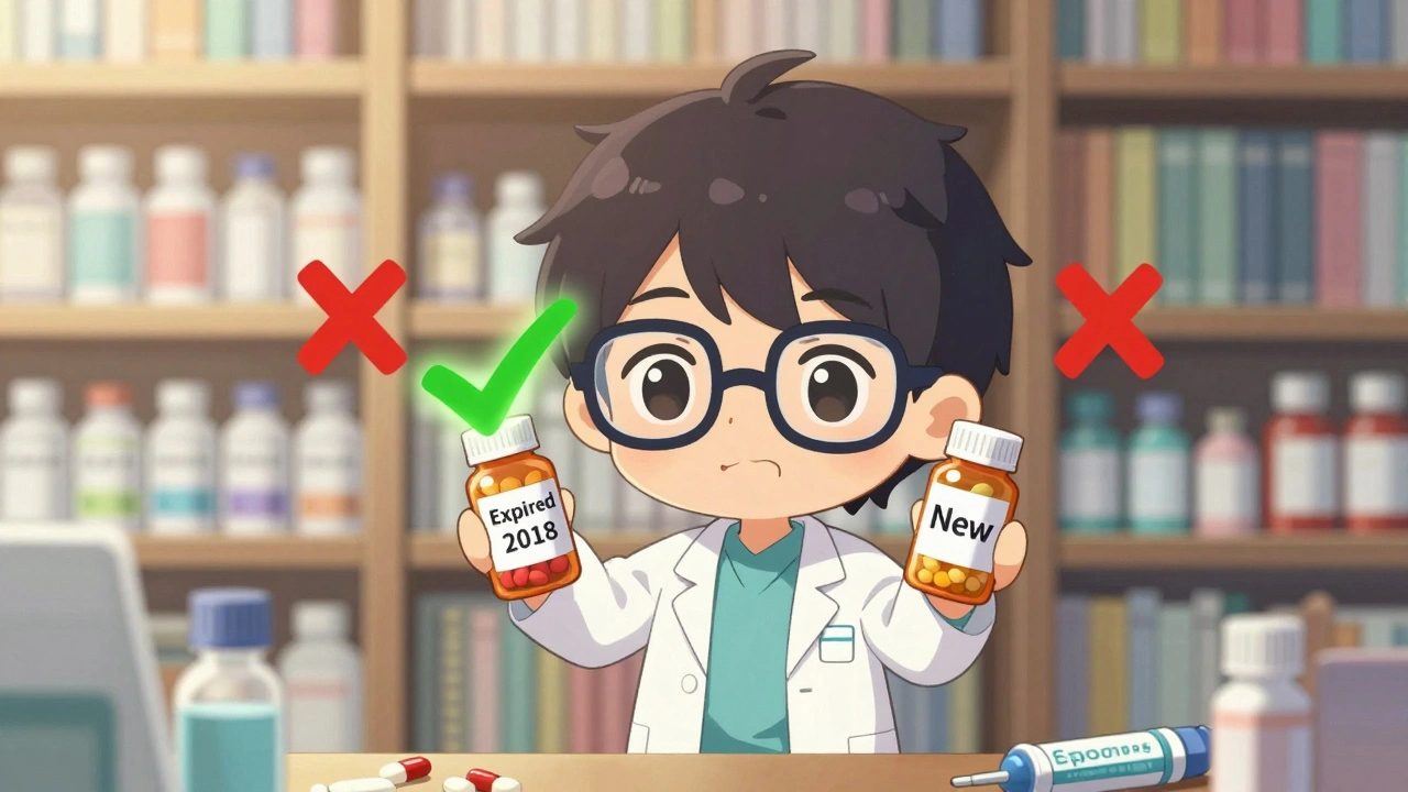 Pharmacist comparing expired and new pills, with green checks on stable tablets and red Xs on dangerous liquids.